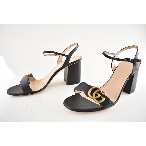 Gucci Marmont Black Leather Gold GG Logo Block Heel Ankle Strap Pump Sandal 40 - Picture 10 of 13